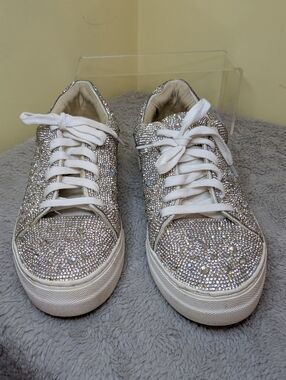 Betsey Johnson Sidny Crystal Embellished Lace-Up Sneakers - Silver 8.5